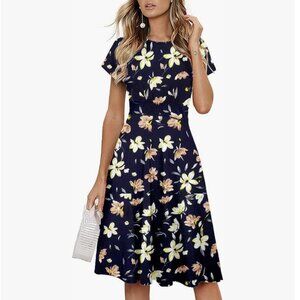 HOMEYEE Vintage Short Sleeve Floral Casual Aline Midi Dress NWT